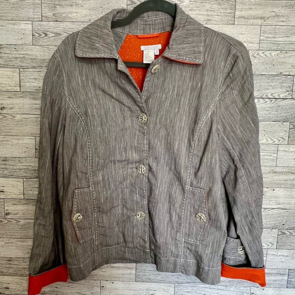 Gray Spanner Jacket Size 2 Orange Cuffs/Collar Top Stitch Pockets